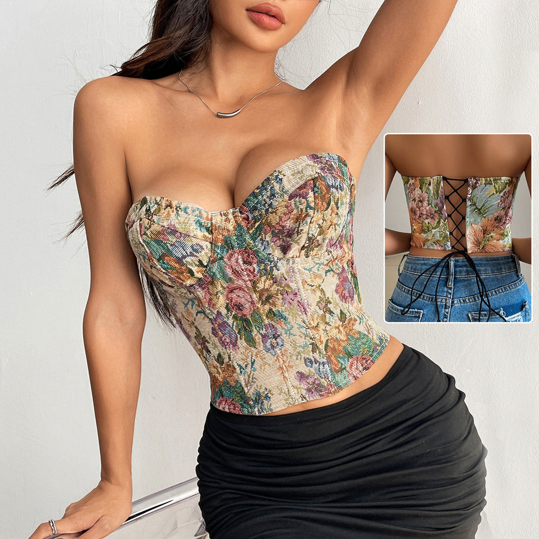 Floral Print Tube Vest Top With Back-tied Design Dropshipman
