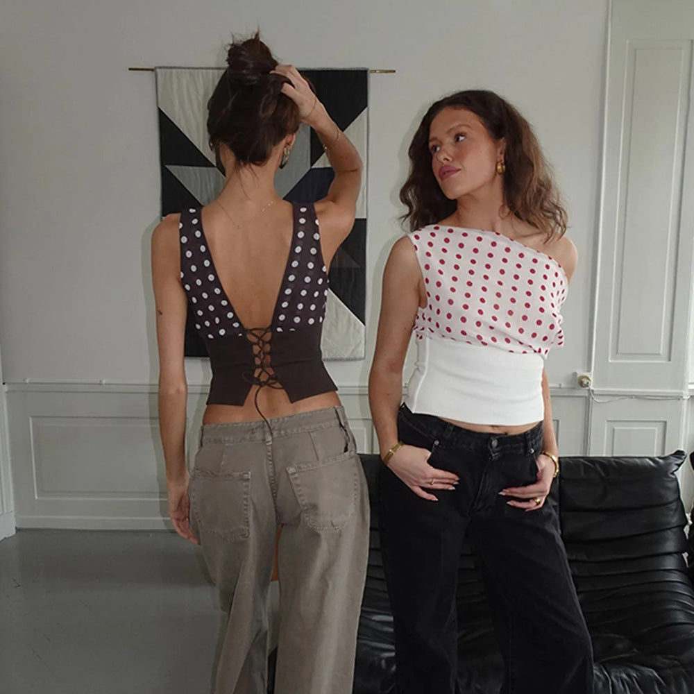 Polka Dots Print Oblique Shoulder Tops Dropshipman