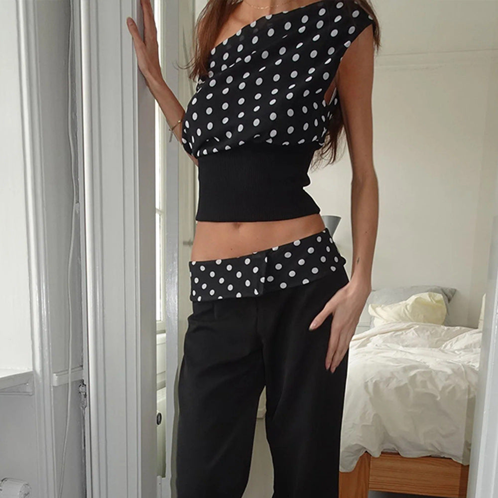 Polka Dots Print Oblique Shoulder Tops Dropshipman