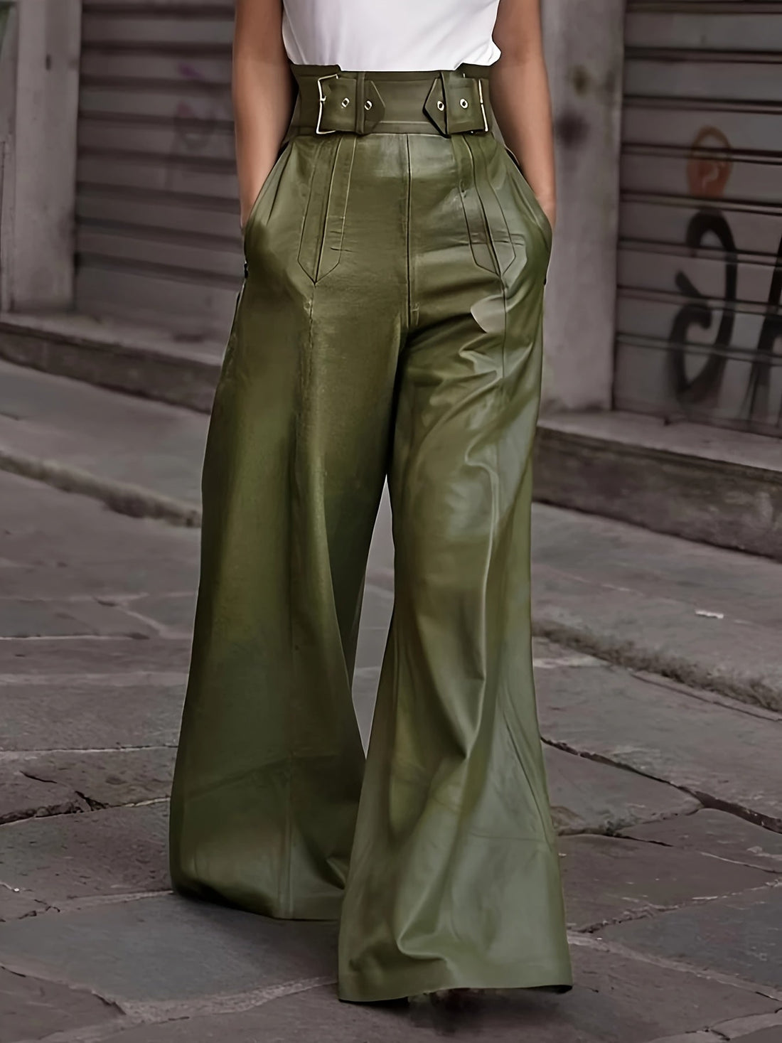 Women’s High-Waist Flare Jeans with Pockets – Olive Green Dropshipman