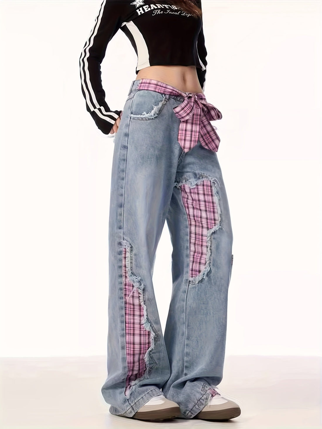 Stylish Women's Plaid Patchwork Wide-Leg Jeans with Bow Tie Belt Dropshipman