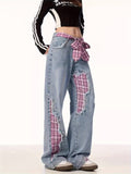 Stylish Women's Plaid Patchwork Wide-Leg Jeans with Bow Tie Belt Dropshipman
