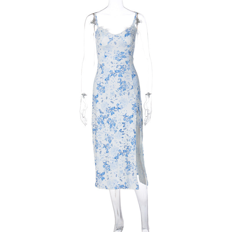 Lace Flowers Print Long Dress Dropshipman