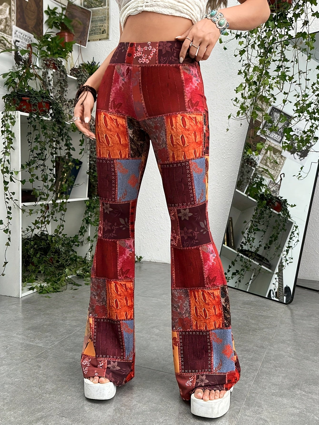 Vintage-Inspired Colour Block Patchwork Flare Jeans Dropshipman