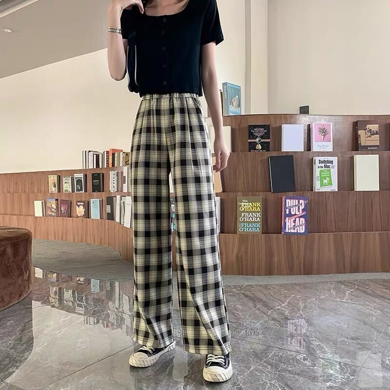 Plaid Wide Leg Pants Women Casual Pants Dropshipman