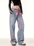 Stylish Women's Plaid Patchwork Wide-Leg Jeans with Bow Tie Belt Dropshipman