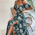 Flower Print Split Suspender Dress With Lace-up Design Dropshipman