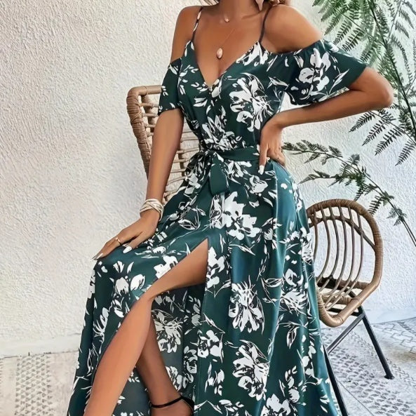 Flower Print Split Suspender Dress With Lace-up Design Dropshipman