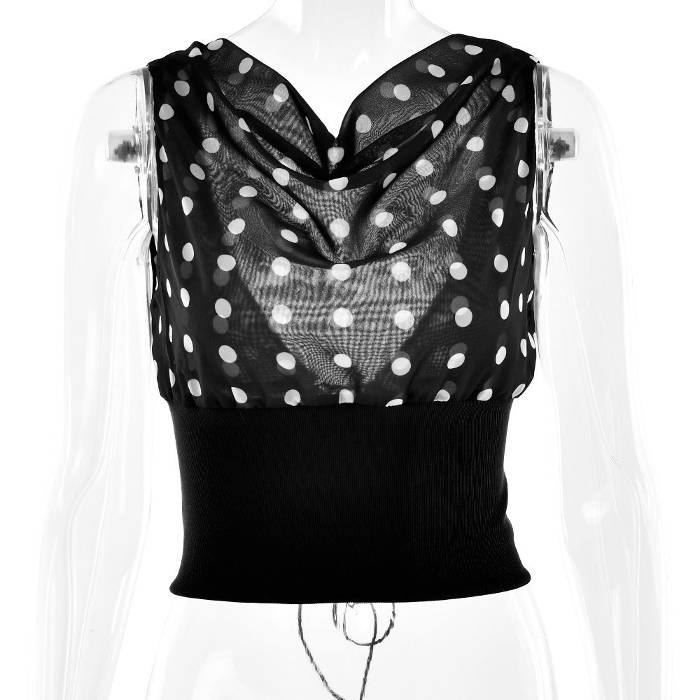 Polka Dots Print Oblique Shoulder Tops Dropshipman