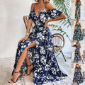 Flower Print Split Suspender Dress With Lace-up Design Dropshipman