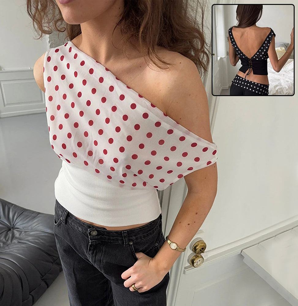 Polka Dots Print Oblique Shoulder Tops Dropshipman