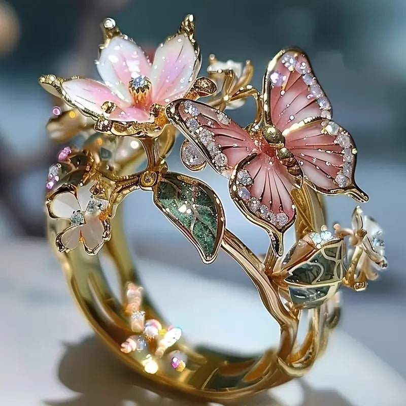INS Flower Butterfly Ring With Rhinestones Dropshipman