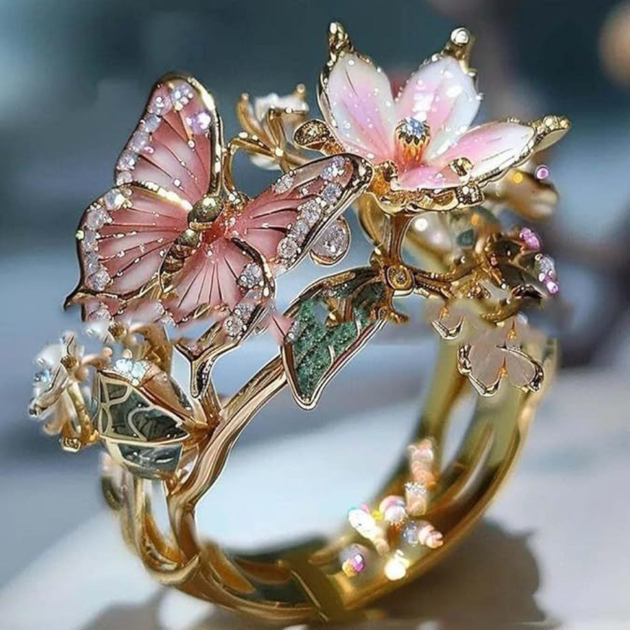 INS Flower Butterfly Ring With Rhinestones Dropshipman