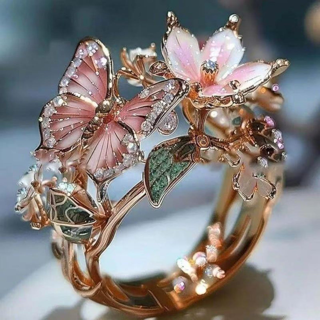 INS Flower Butterfly Ring With Rhinestones Dropshipman