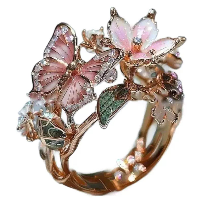 INS Flower Butterfly Ring With Rhinestones Dropshipman