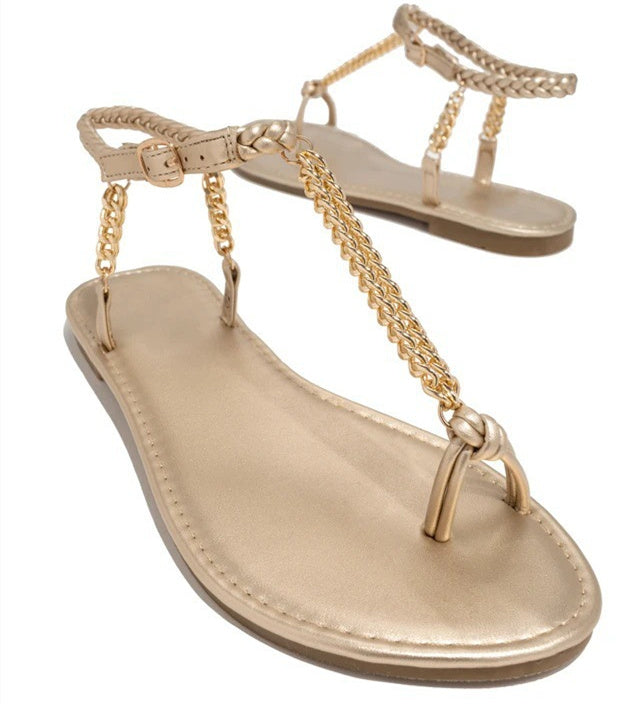 Round Toe Flat Toe Metal Chain Sandals Dropshipman