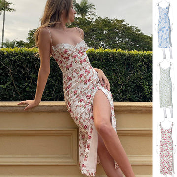 Lace Flowers Print Long Dress Dropshipman