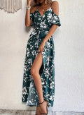 Flower Print Split Suspender Dress With Lace-up Design Dropshipman