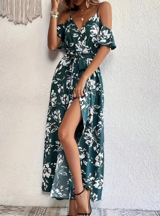 Flower Print Split Suspender Dress With Lace-up Design Dropshipman