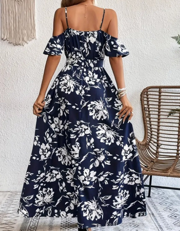 Flower Print Split Suspender Dress With Lace-up Design Dropshipman