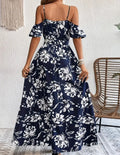 Flower Print Split Suspender Dress With Lace-up Design Dropshipman