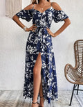 Flower Print Split Suspender Dress With Lace-up Design Dropshipman