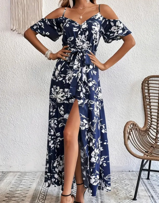 Flower Print Split Suspender Dress With Lace-up Design Dropshipman