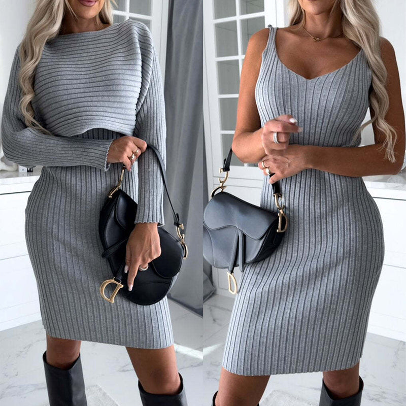 2pcs Suit Women's Solid Stripe Long-sleeved Top And Tight Suspender Skirt Dropshipman