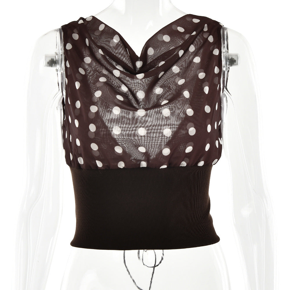 Polka Dots Print Oblique Shoulder Tops Dropshipman