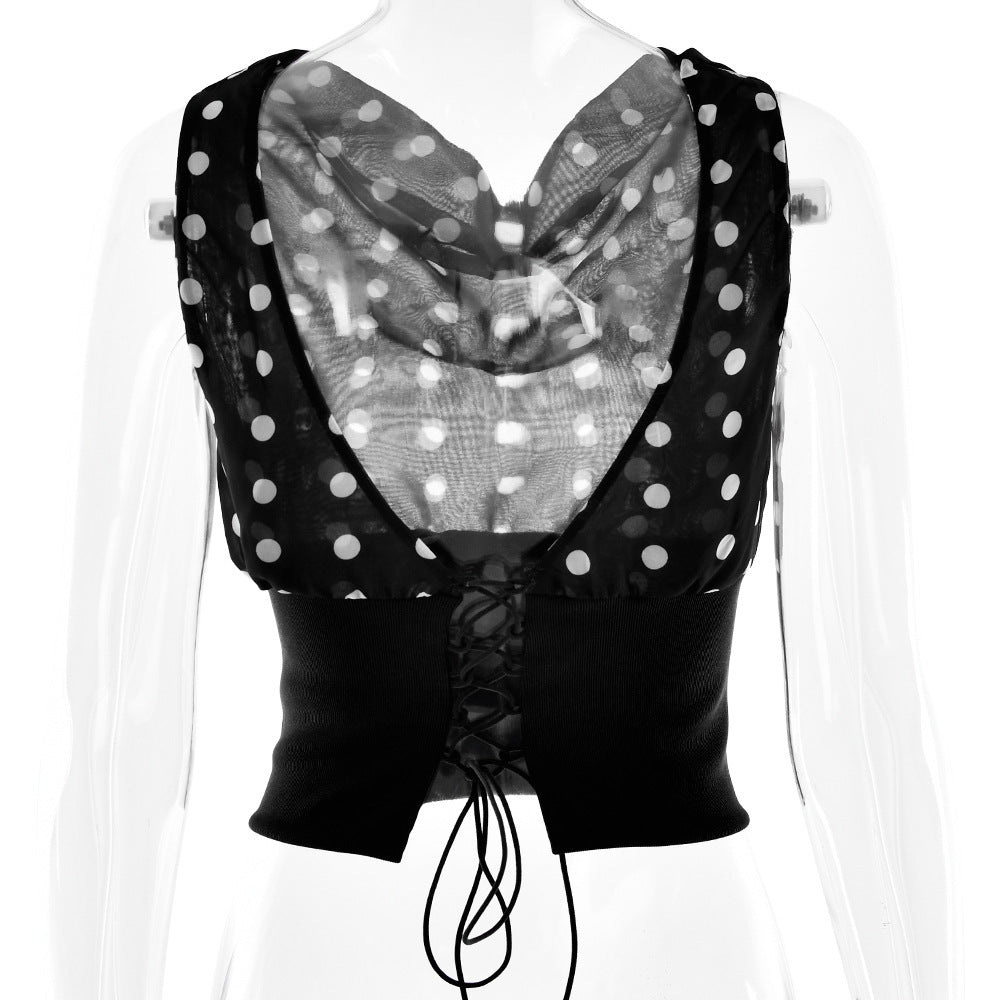 Polka Dots Print Oblique Shoulder Tops Dropshipman