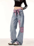 Stylish Women's Plaid Patchwork Wide-Leg Jeans with Bow Tie Belt Dropshipman