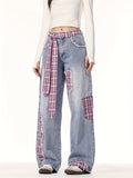 Stylish Women's Plaid Patchwork Wide-Leg Jeans with Bow Tie Belt Dropshipman