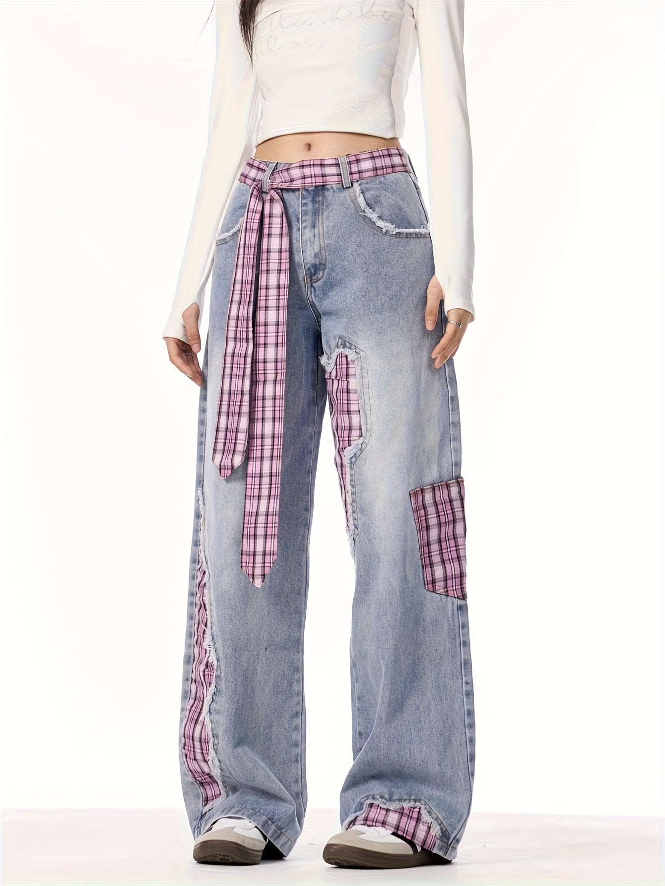Stylish Women's Plaid Patchwork Wide-Leg Jeans with Bow Tie Belt Dropshipman