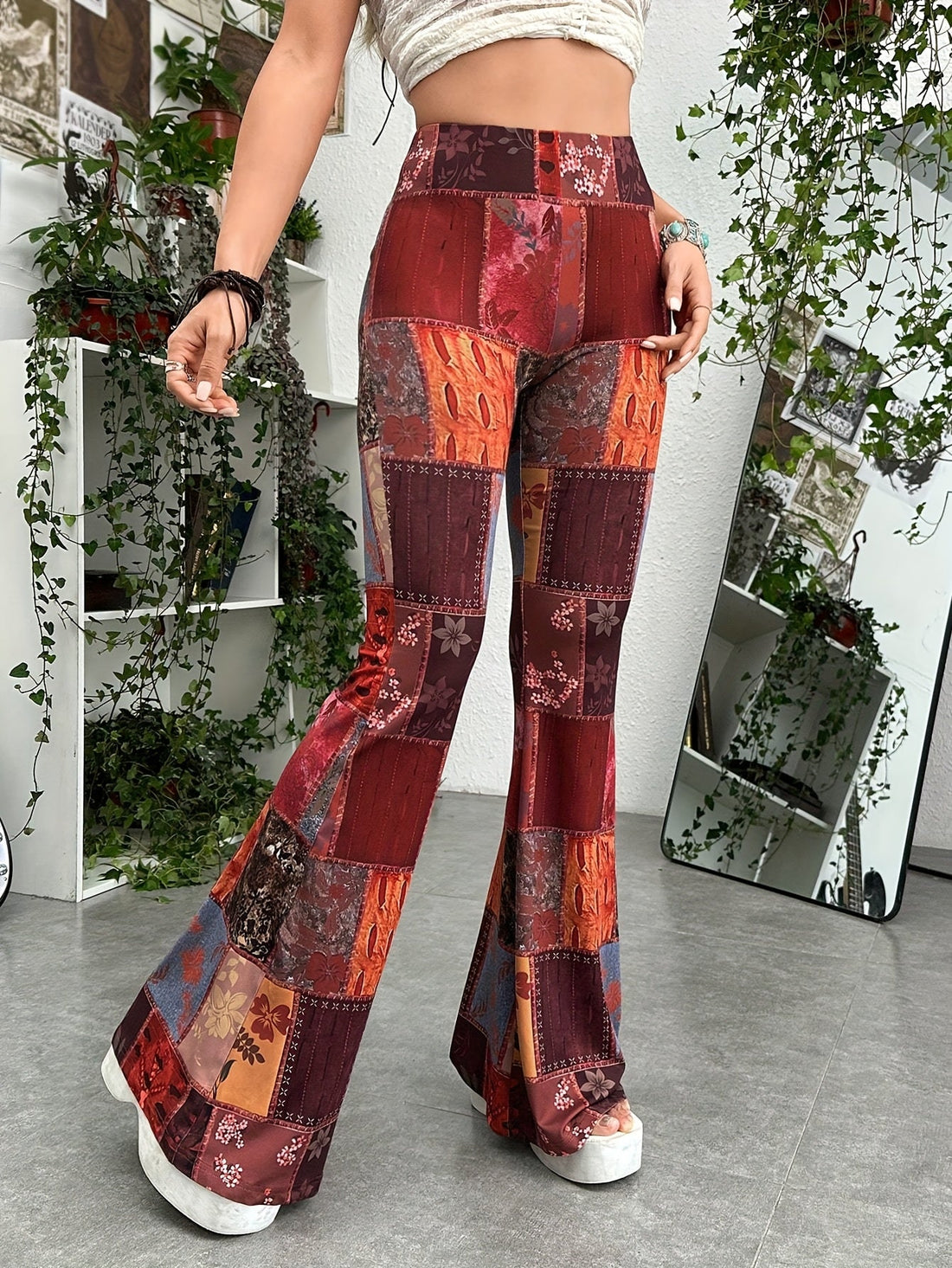 Vintage-Inspired Colour Block Patchwork Flare Jeans Dropshipman