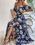 Flower Print Split Suspender Dress With Lace-up Design Dropshipman