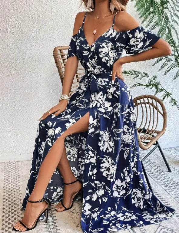Flower Print Split Suspender Dress With Lace-up Design Dropshipman