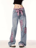Stylish Women's Plaid Patchwork Wide-Leg Jeans with Bow Tie Belt Dropshipman
